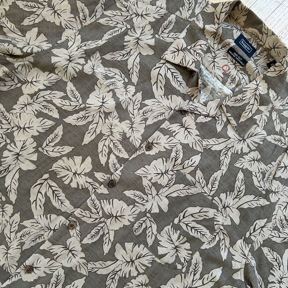Haggar 100% Silk Hawaiian Shirt Mens XL Brown Palm Tree Floral Button Up - Picture 3 of 8